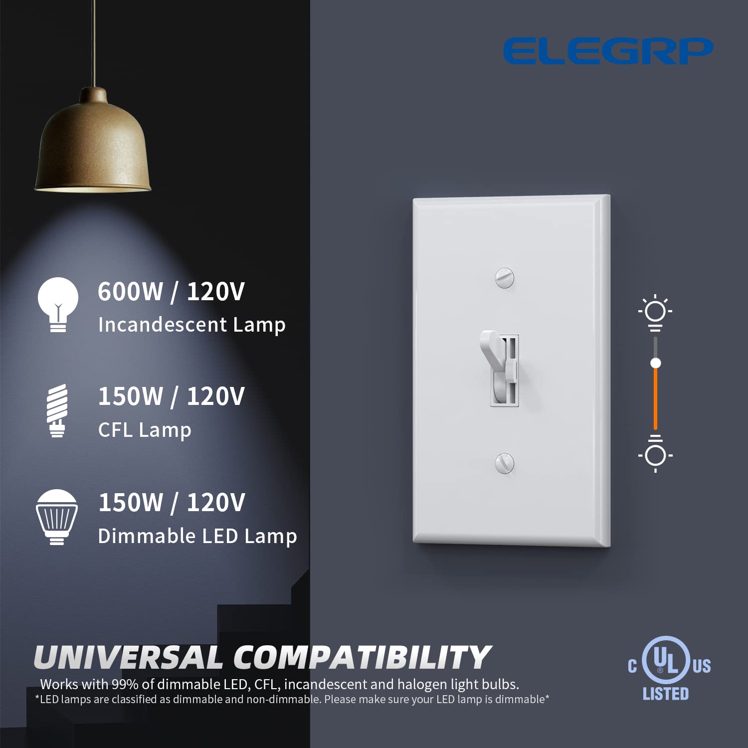 Generic ELEGRP Toggle Dimmer Switch for Dimmable LED, CFL and Incandescent Light Lamp Bulbs, Single Pole or 3-Way, Full Control with Pr
