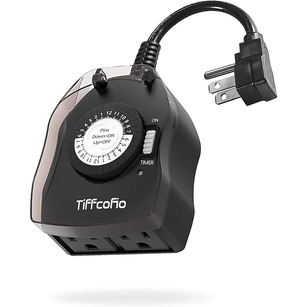 TiFFCOFiO Outdoor Timer Outlet, 24 Hour Mechanical Outdoor Timer for Light, Outdoor Light Timer Weatherproof, 2 Grounded Outlet