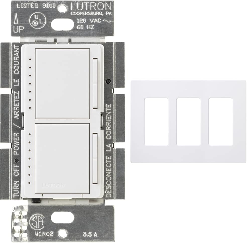 Lutron Maestro Dual Digital Dimmer Switch for Incandescent Bulbs, 300-Watt/Single-Pole, MA-L3L3-WH, White