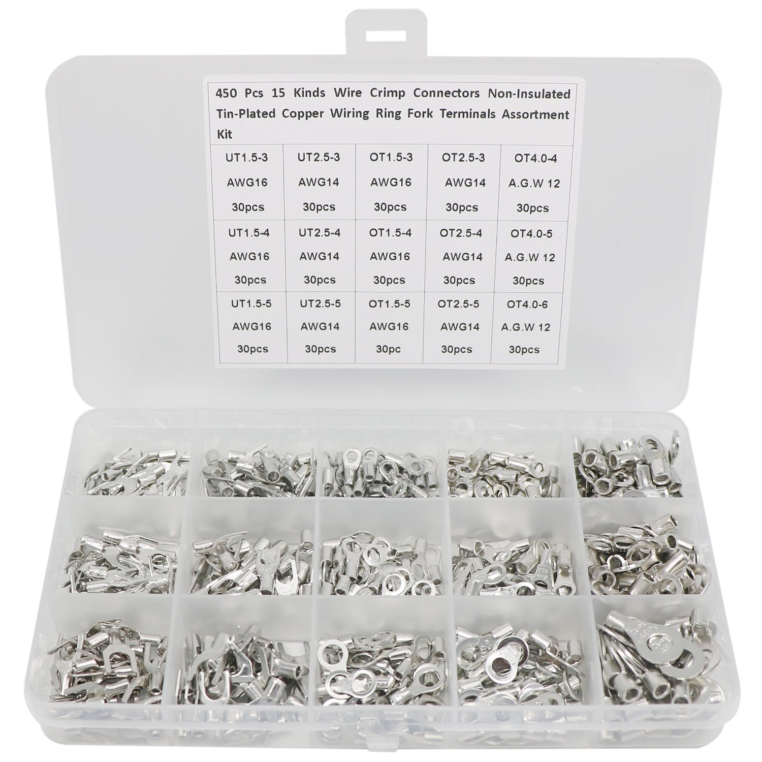 Generic 450Pcs 15 in 1 Crimp Terminal Non-Insulated Ring Fork U-Type Female Terminals Assortment Kit Cable Wire Connector Crimp Electri