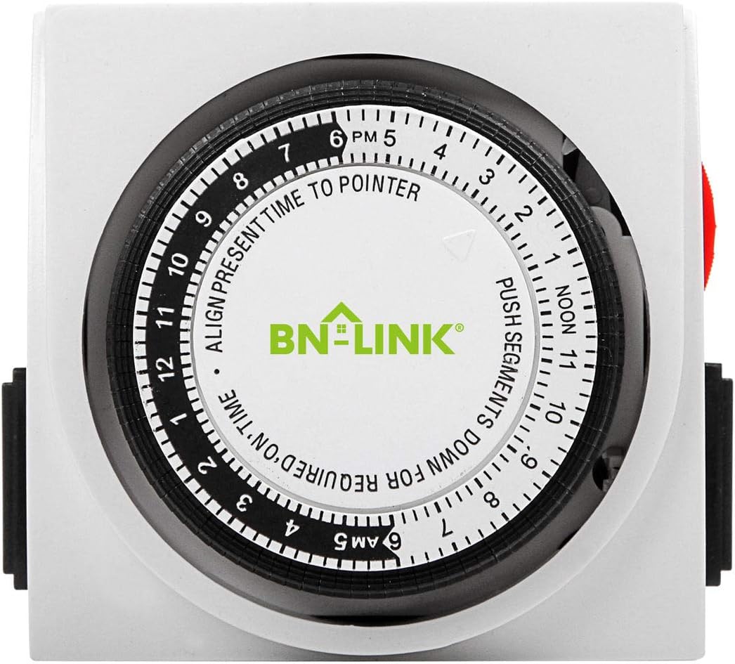 BN-Link Heavy Duty Mechanical 24 Hour Timer Dual Outlet 3-Prong Accurate Indoor for Lamps Fans Christmas Lights White AC 1875W 1/2 HP,