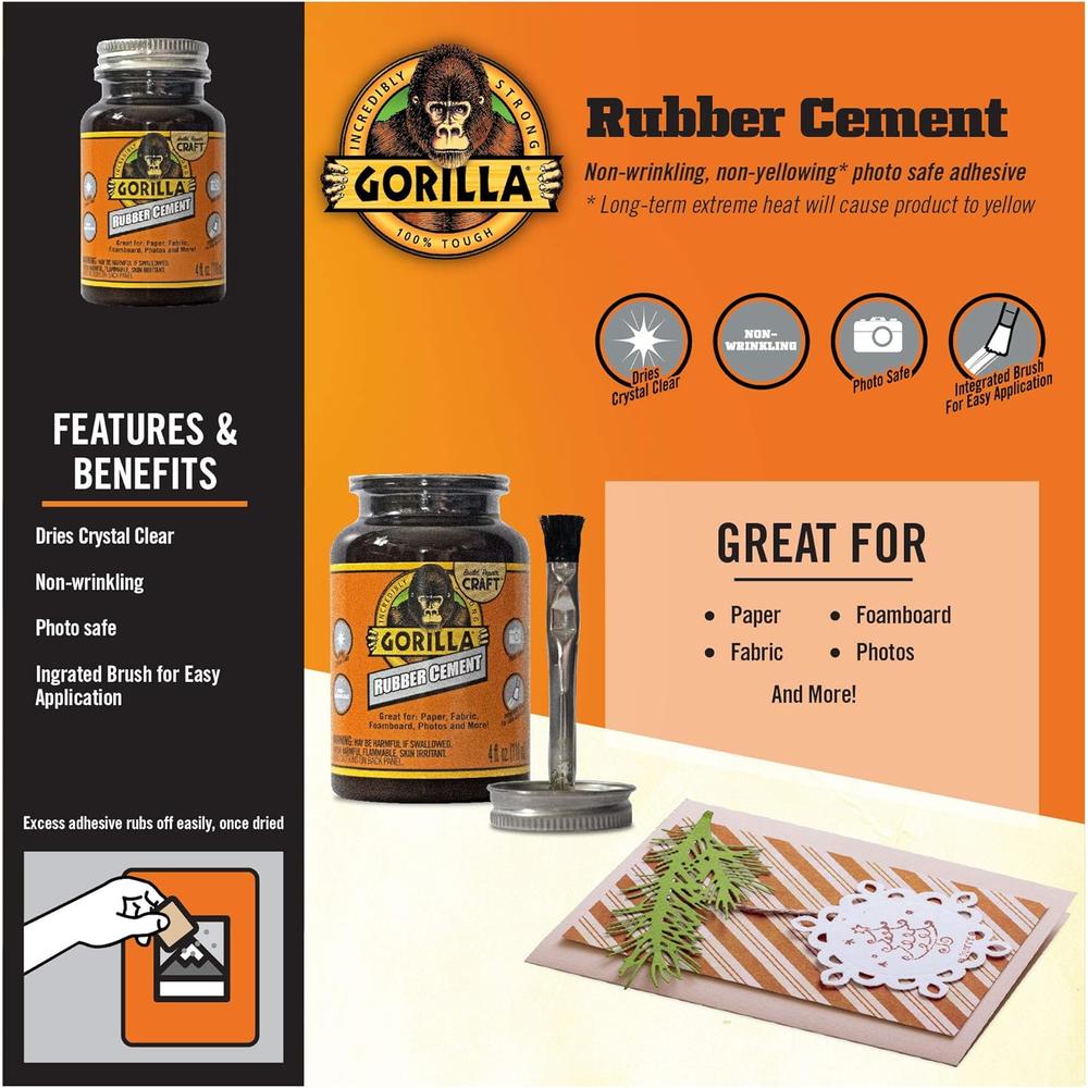 THE GORILLA GLUE COMPANY Gorilla Rubber Cement with Brush Applicator, 4  Ounce, Clear, (Pack of 2)