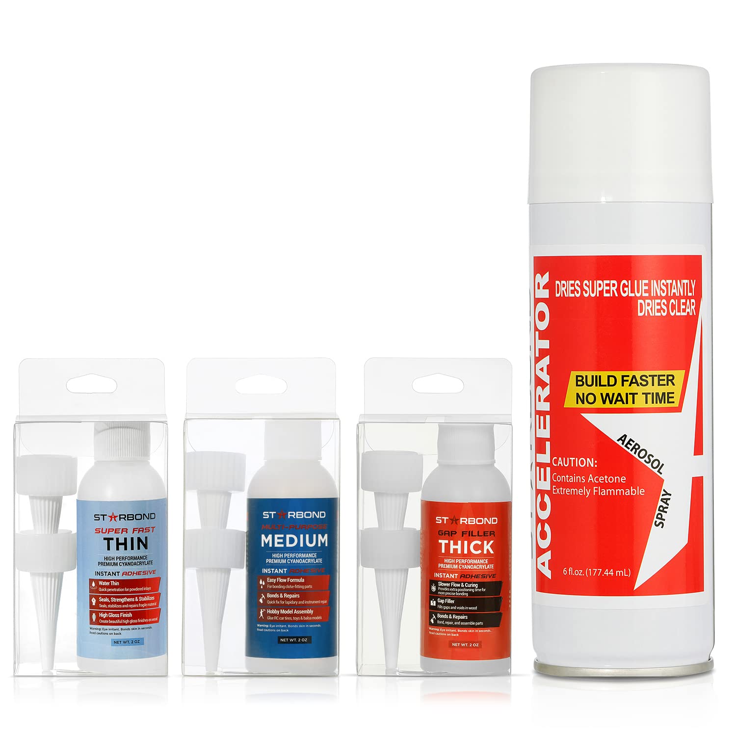 Generic Premium Grade Cyanoacrylate (CA) Super Glue STARBOND - (2oz) Thin CA Glue, Medium CA Glue, Thick CA Glue, 6 oz. Aerosol Acceler