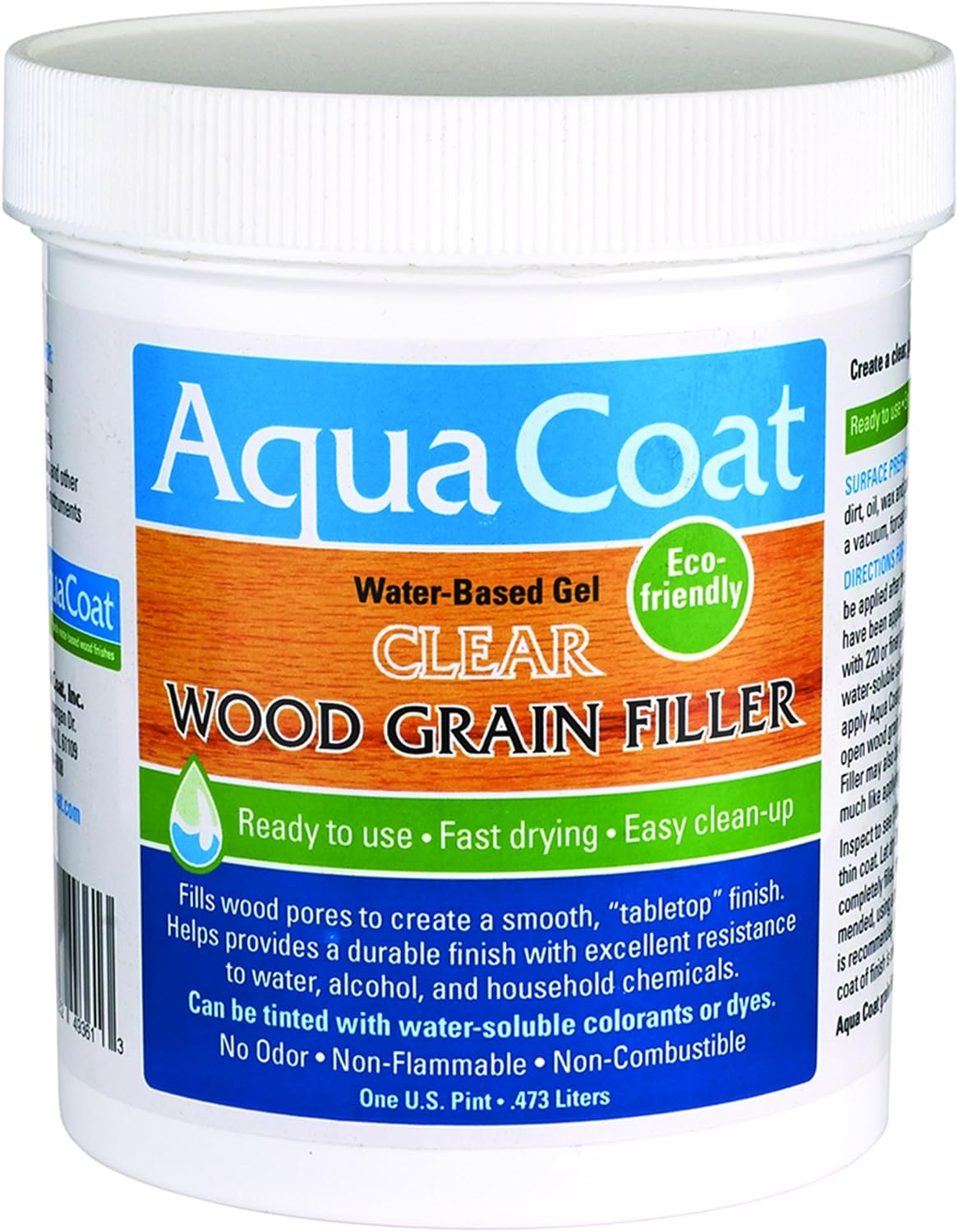 Aqua Coat, Best Wood Grain Filler. Clear Gel, Water Based, Low odor, Fast Drying, Non Toxic, Environmentally Friendly (Pint)