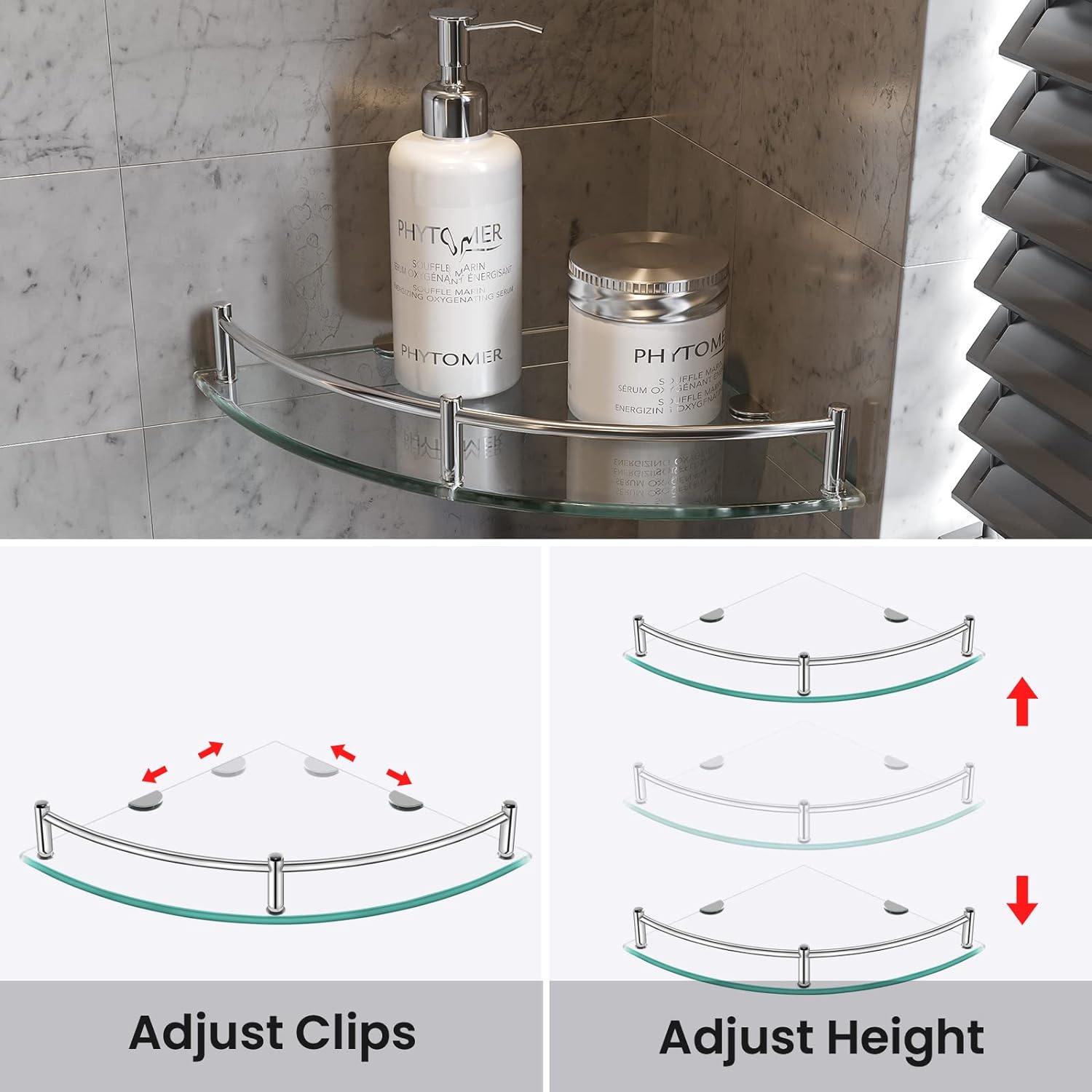 YorkHoMo Glass Corner Shelf Glass Shelves for Bathroom Shower Corner Shelf with Rail Wall Mounted Drill Hole for Inside Shower 2 Pack
