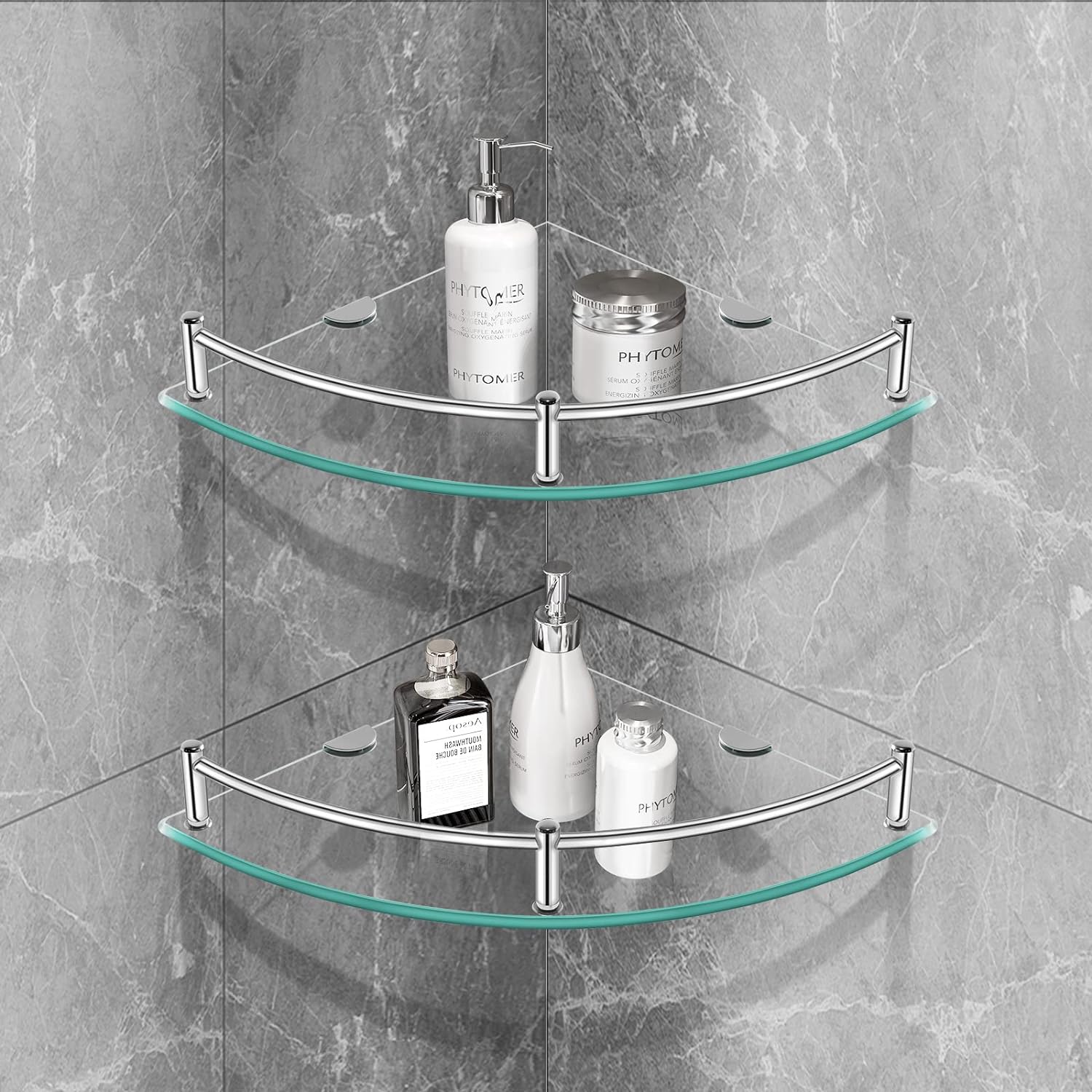 YorkHoMo Glass Corner Shelf Glass Shelves for Bathroom Shower Corner Shelf  with Rail Wall Mounted Drill Hole for Inside Shower 2 Pack