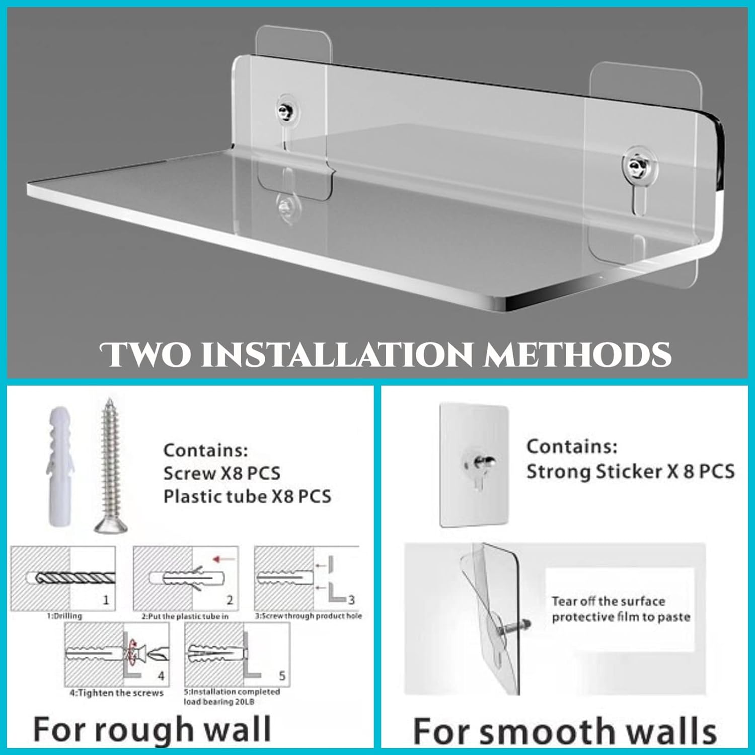 SWVZWY Acrylic Floating Shelves,Bathroom Shower Shelf,No Drill No Damage  Wall Mounted,Clear Invisible,Renter