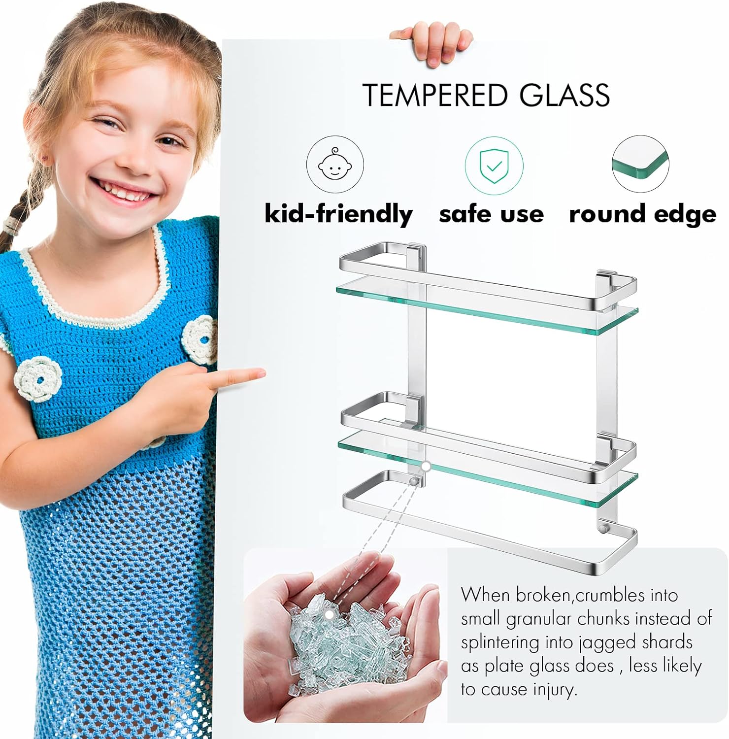 KES Bathroom Tempered Glass Shelf 2 Tier Storage Glass Shelf Rectangular with Towel Bar Wall Mounted Sand Sprayed Anodized Aluminum