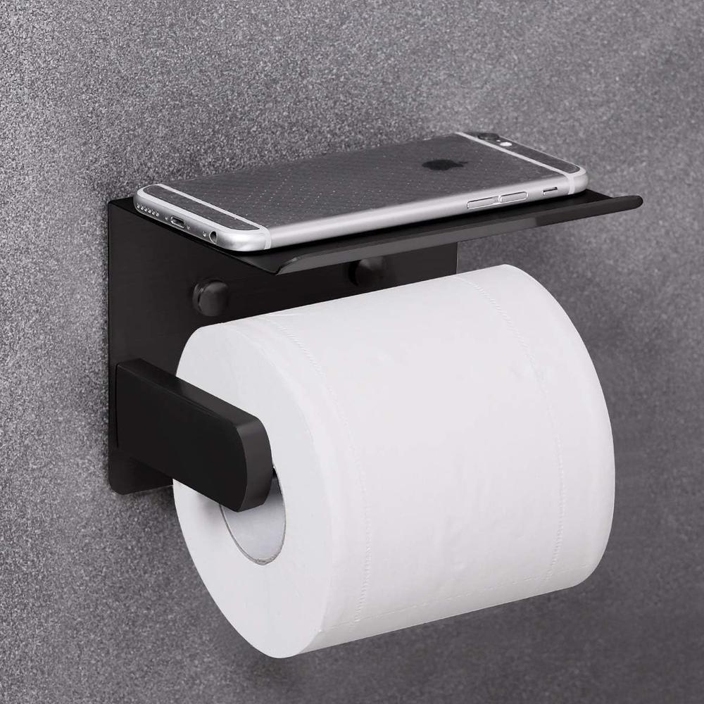 VAEHOLD Self Adhesive Toilet Paper Holder with Phone Shelf SUS 304 Stainless Steel Wall Mounted Toilet Paper Roll Holder - Rustproof an
