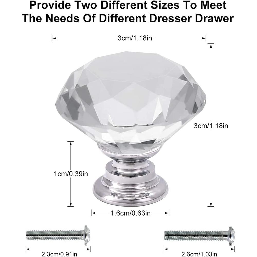 Akstore 6 Pcs Crystal Glass Cabinet Knobs 30mm Diamond Shape Drawer Kitchen Cabinets Dresser Cupboard Wardrobe Pulls Handles (30mm, Cle