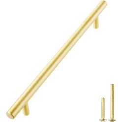 QOGRISUN 2-Pack Solid Brass Cabinet Pulls, Gold Euro Style T Bar Handles, 10-Inch Hole Center for Kitchen Drawer Dresser Cupboard, 12-3/