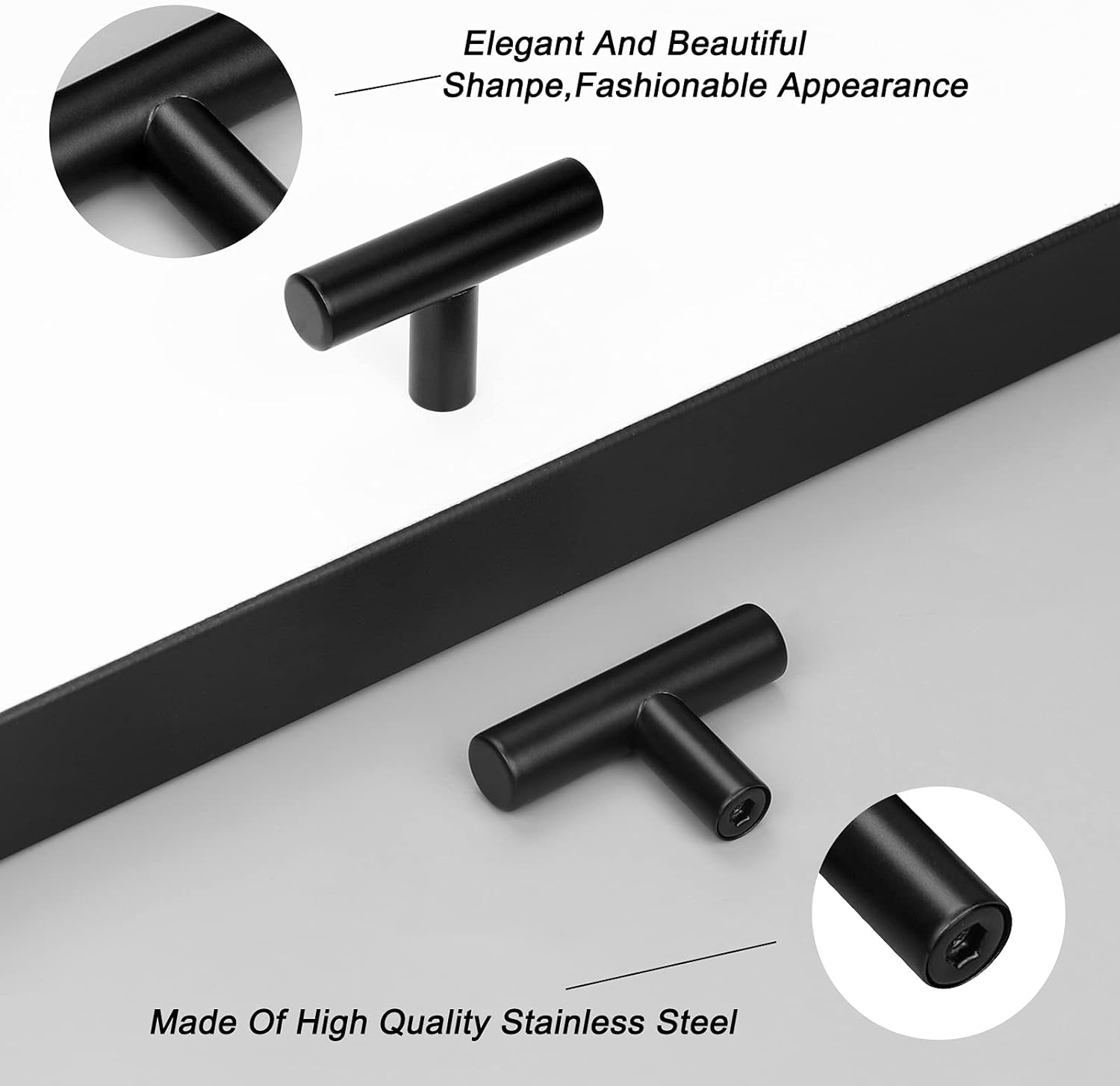 Probrico 10 Pack  Black Stainless Steel Kitchen Cabinet Door Handles T Bar Drawer Pulls Knobs Diameter 1/2 inch Single Hole 2inch Length