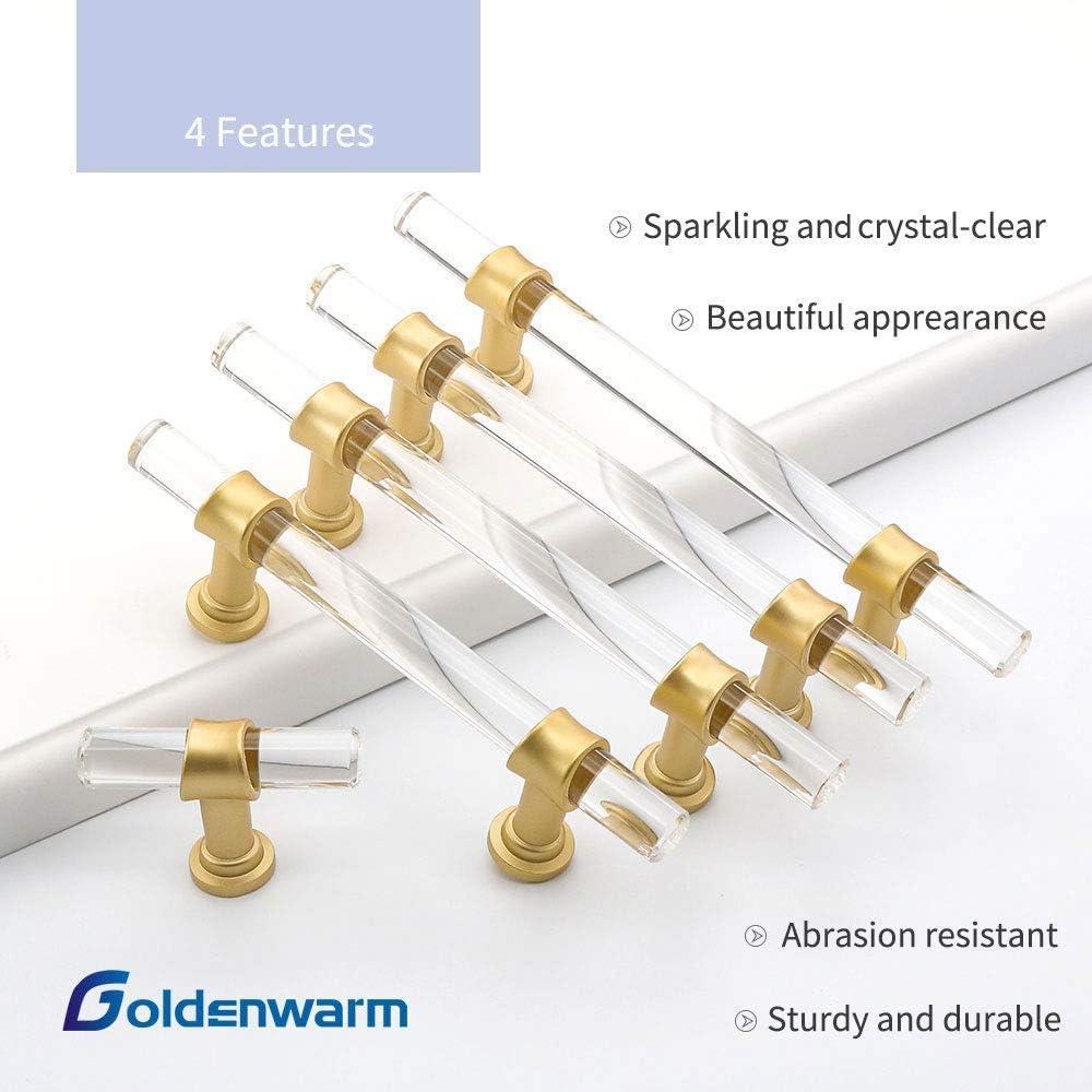 Goldenwarm 10 Pack  Kitchen Cabinet Handles Gold Drawer Handles - Crystal Acrylic with Brushed Brass 5" Hole Centers Handles for Cabi