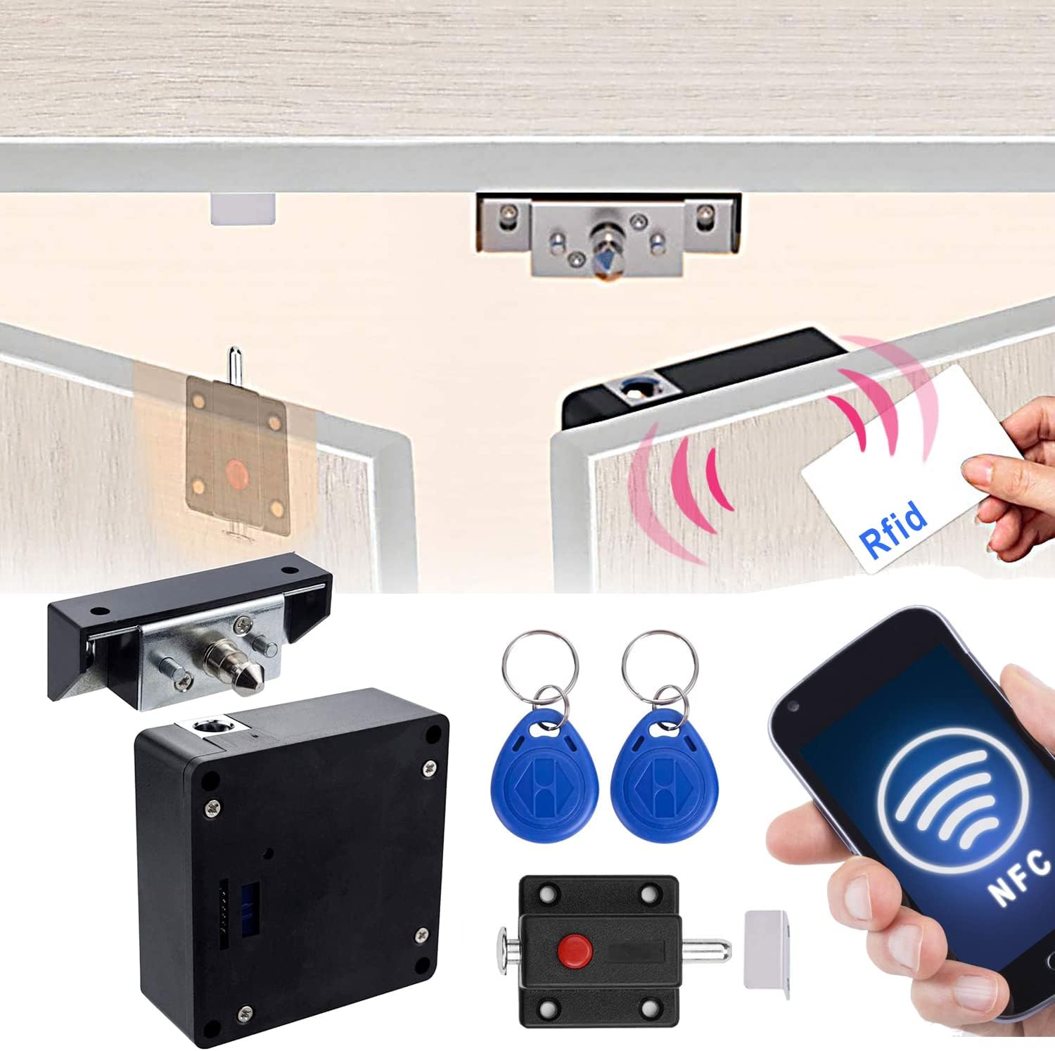 codace Electronic Cabinet Lock, Smart NFC RFID Locks, Hidden DIY Cabinet Lock with Slide Latch Lock for Double Door Cabinet Drawer Woo