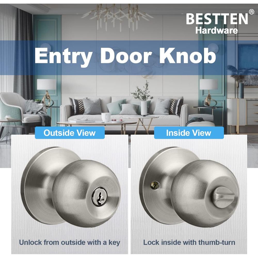 Bestten Keyed Entry Door Knob with Lock, Interior and Exterior Door Lock, Standard Ball, Satin Nickel