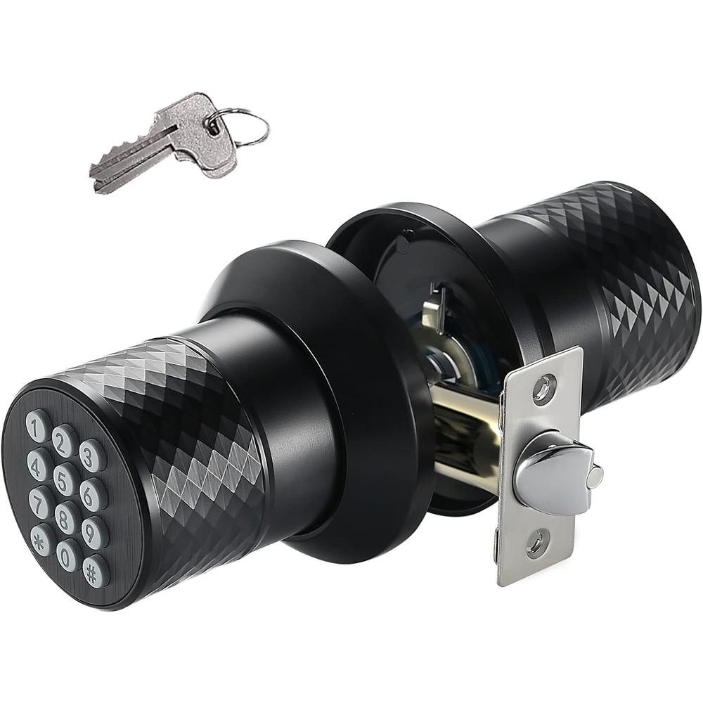 YE LOCK Keypad Door Knob Lock, Keyless Entry Door Lock with Anti-Slip Handle, Auto Lock, Waterproof Electronic Black Door Knob, Safe an