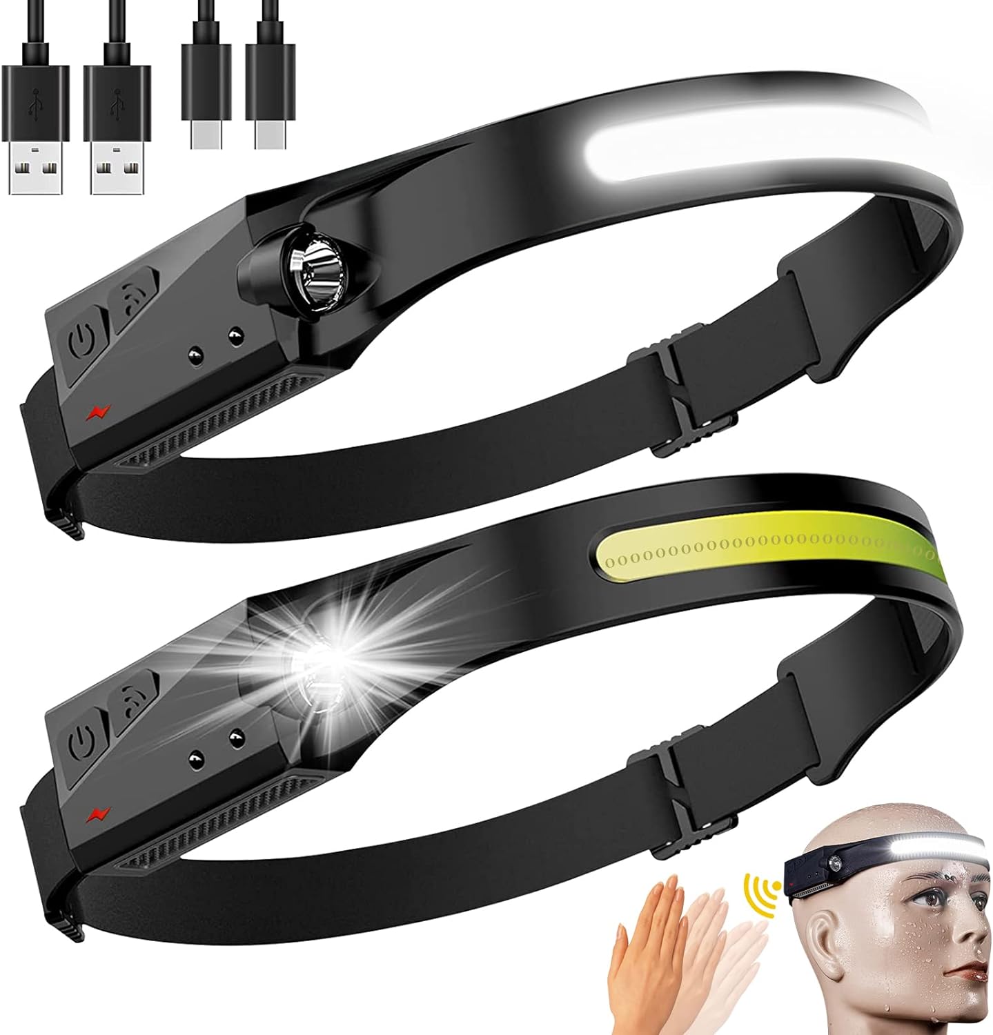 najiaxiaowu Rechargeable LED Headlamp 2 Packs,COB230&#194;&#176; Wide Beam Headlamps, 5 Modes of Lightweight Headlamps with Motion