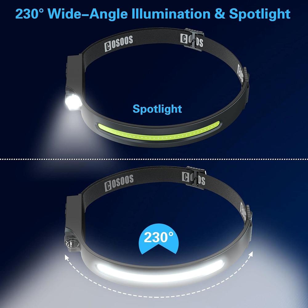 cosoos 2 LED Headlamp Rechargeable Flashlight,  Bright Headlight, Adjustable Headband for Kids