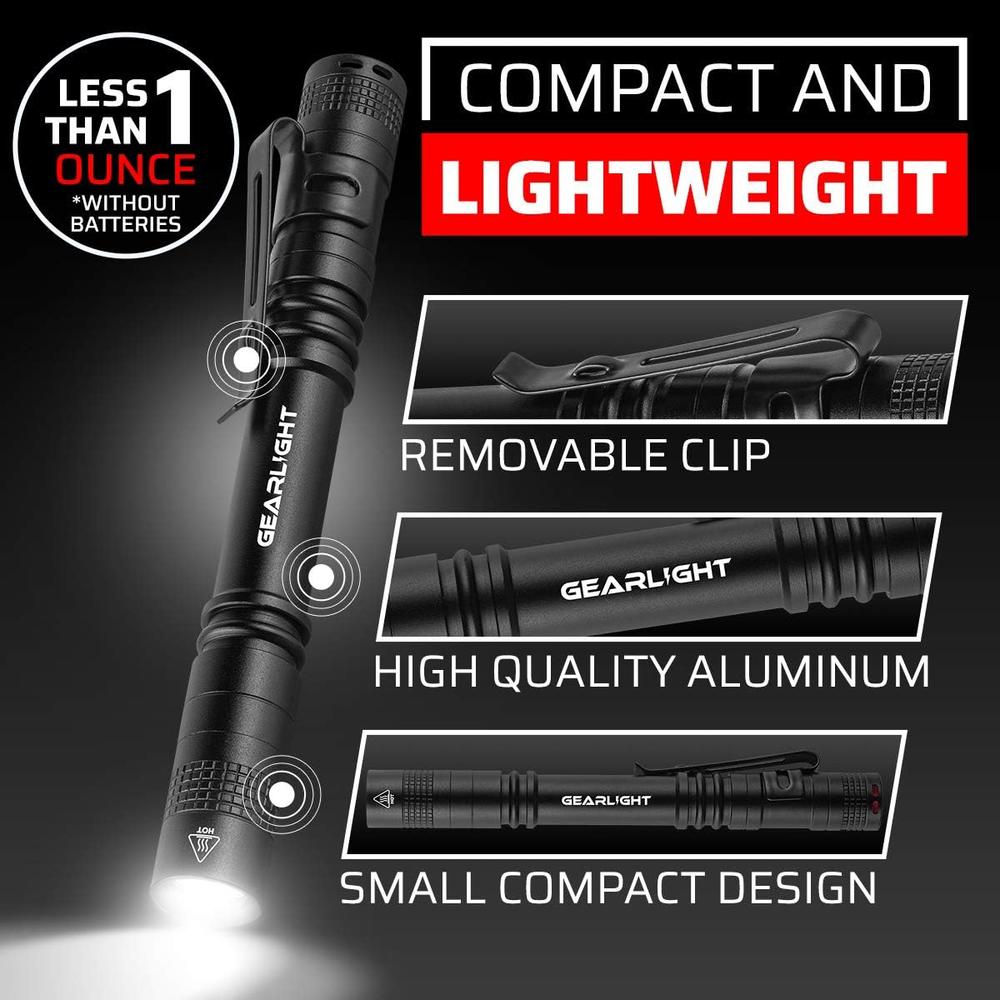 GearLight S100 LED Pocket Pen Light- 2 Small, Compact Flashlights with Clip for Tight Spaces, Police Inspection, Nurses