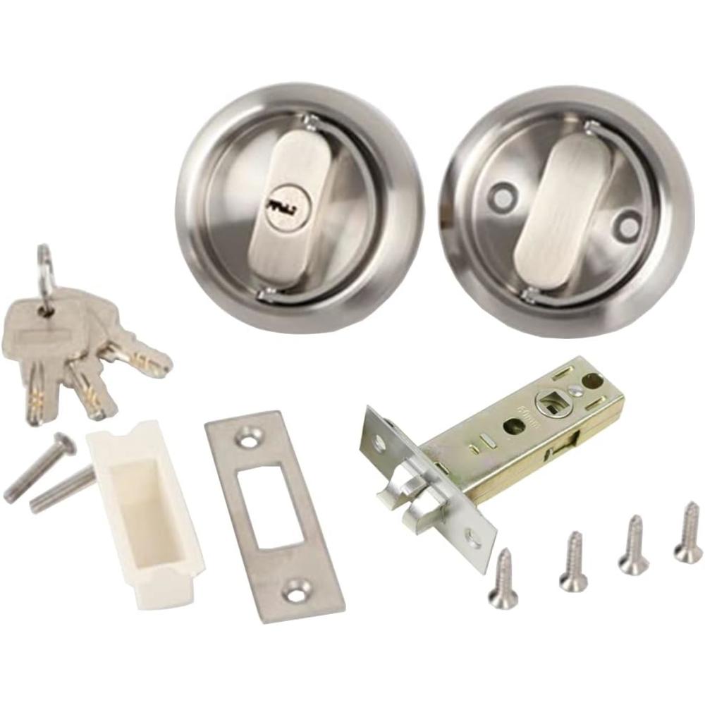 YUE Lock Keyed Entry Door Lock, Interior Door Knob LocksStainless Steel 304 Round Lever Lockeset(Silver, Dia-2.95" with Key)