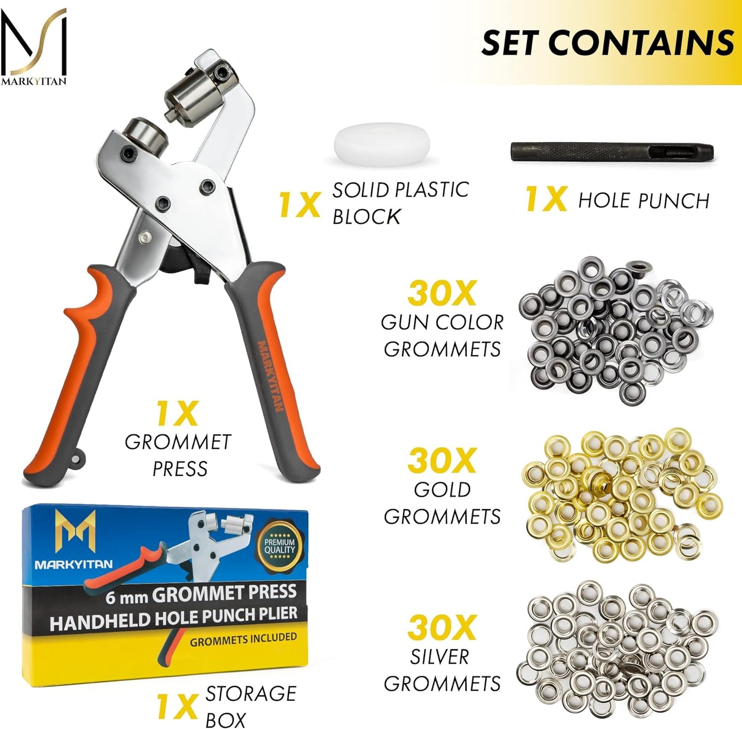 MARKYITAN 1/4 Inch (6mm) Grommet Tool Kit - Including 1 x Grommet Press Plier, 90 x Metal Grommets (Silver, Golg, and Chrome), 1 x Leathe