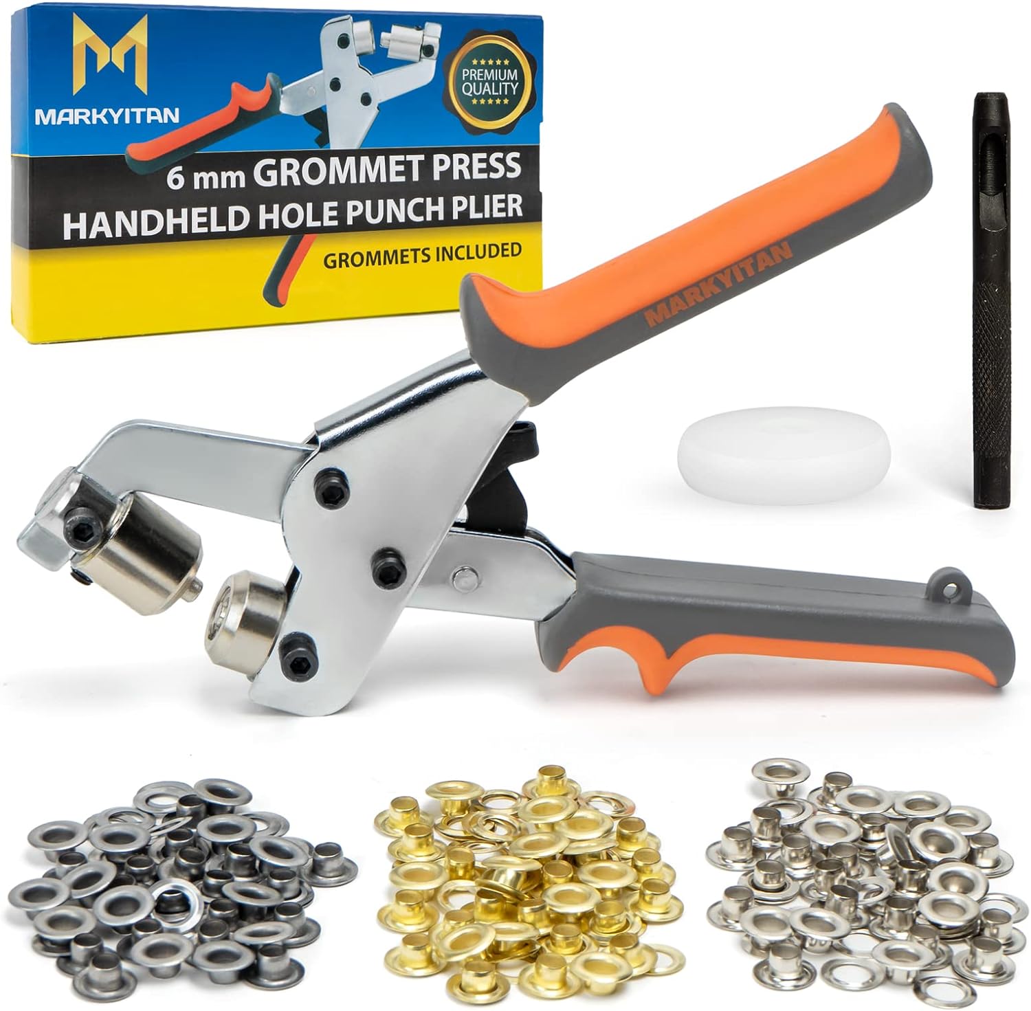 MARKYITAN 1/4 Inch (6mm) Grommet Tool Kit - Including 1 x Grommet Press Plier, 90 x Metal Grommets (Silver, Golg, and Chrome), 1 x Leathe