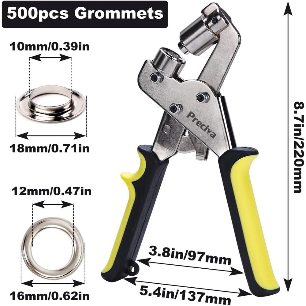 preciva Grommet Tool Kit, Portable Handheld Hole Punch Pliers Grommet Kit, Hand Press Machine Manual Puncher with 500pcs Silver Grommet