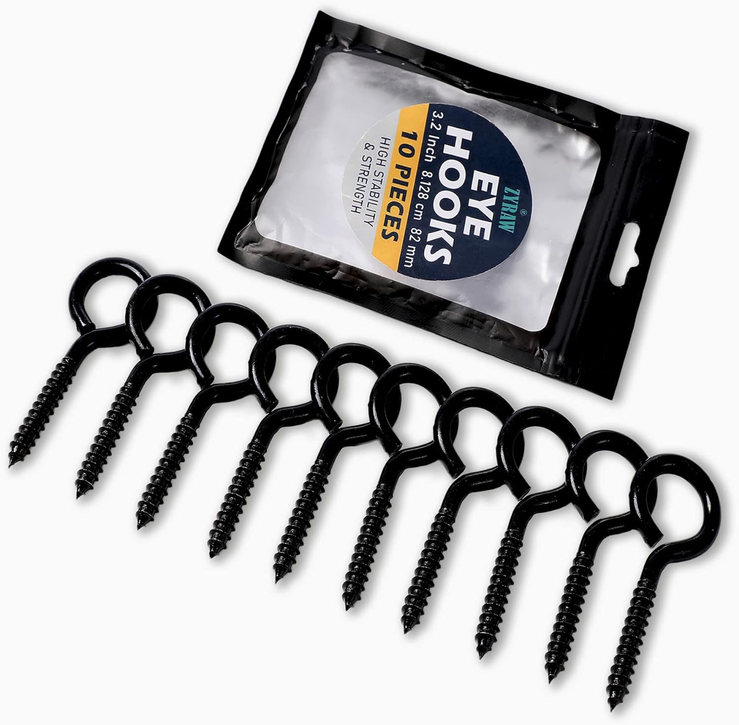 ZYRAW Pack of 10 Eye Hooks Screw Carbon Steel 3.2 Inches Zinc Plating on Bolt Eye Hook for Rust Resistance Self Tapping Screw Eyes Fo EYE-101