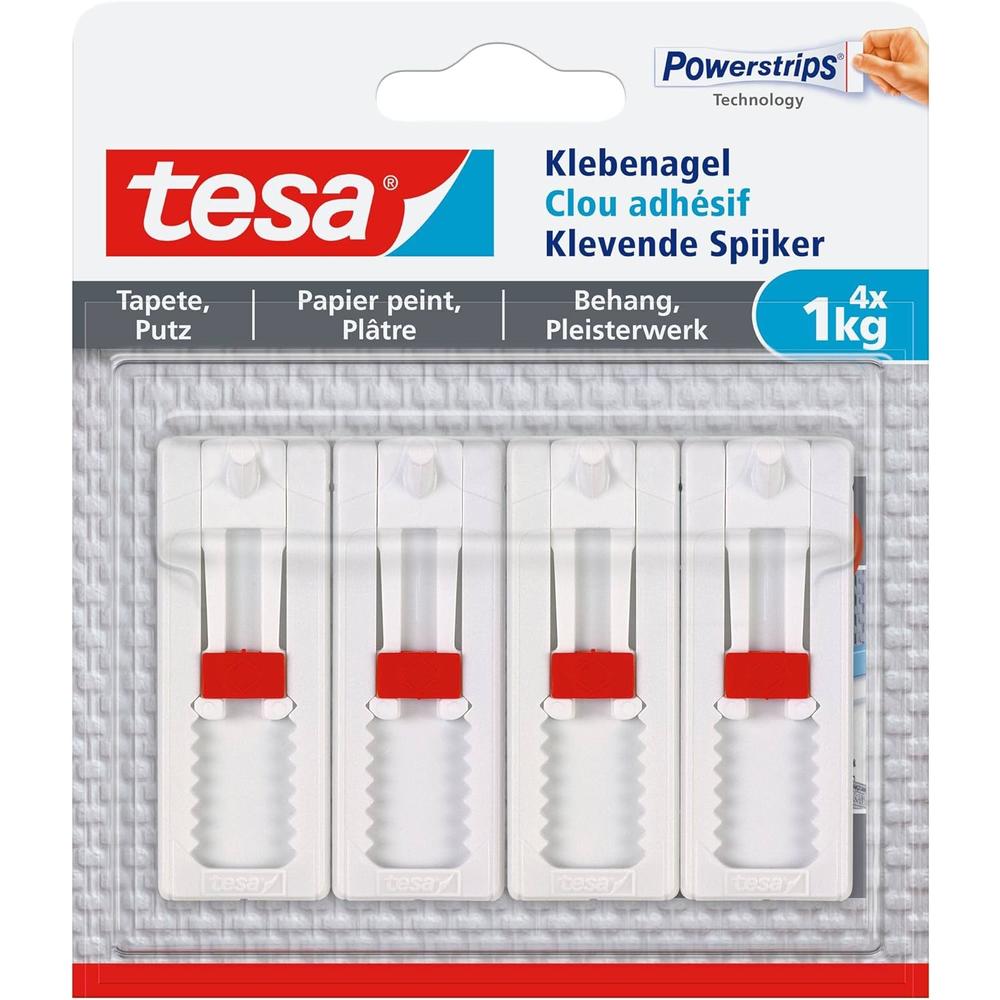 tesa UK tesa Adjustable Adhesive Nail (for Wallpaper and Plaster, 1 kg, Height Adjustable, Self-Adhesive Wall Nail, Up to 1 kg Holding