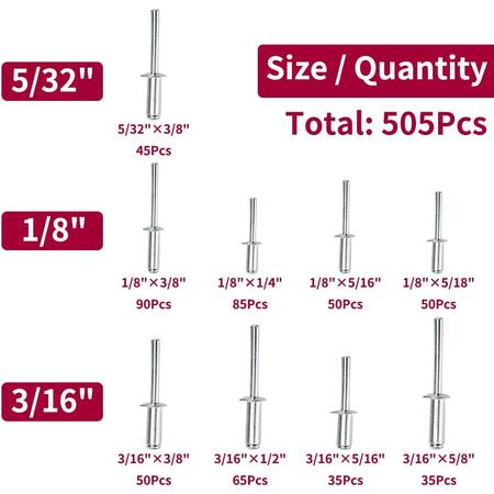 SIZEJIN 505pcs Aluminum Pop Rivets for Metal, Blind Rivets