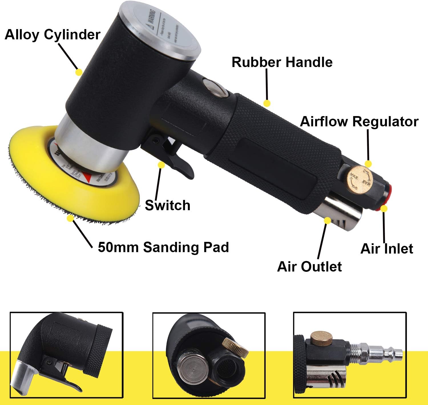 YELWAY 2" and 3" Random Orbital Air Mini Sander, Pneumatic Sander for auto sanding tools, 15,000 RPM Air angle sander, Pneum