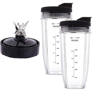 Revorit Blender Replacement Parts for Ninja, 2 24oz Cups with To-Go Lids, 7 Fins Extractor Blade, for Nutri Ninja Auto IQ Bn801 BL480-3