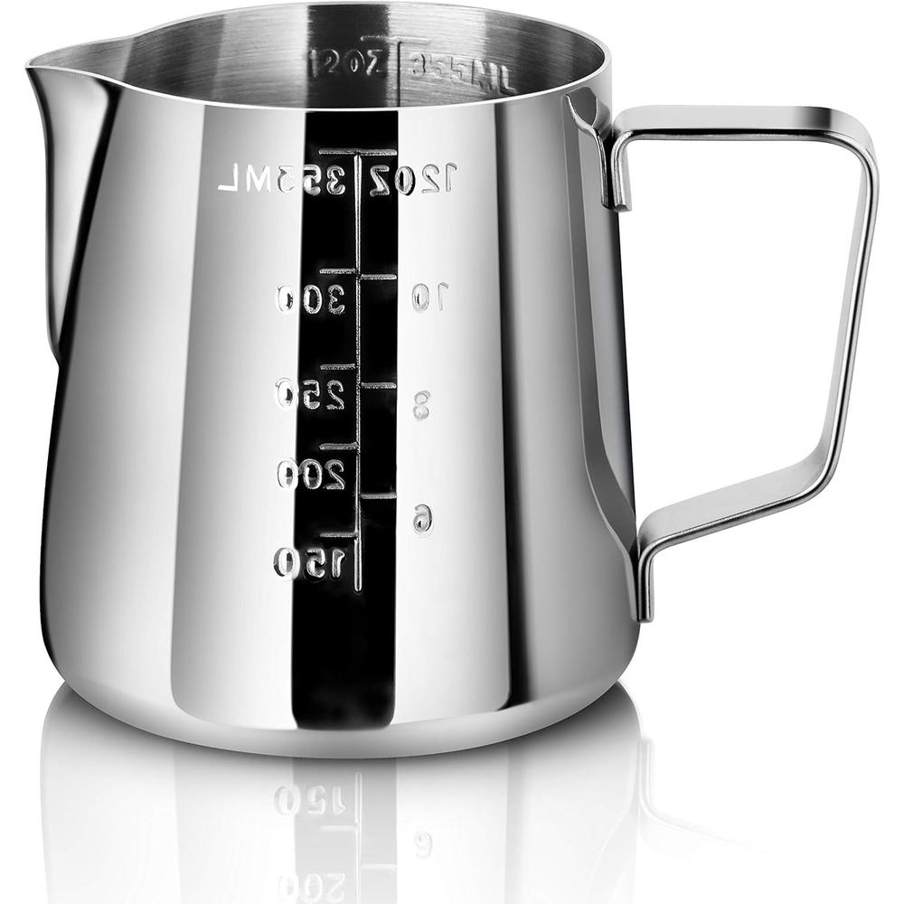 New Star Foodservice 28805 Commercial Grade Stainless Steel 18/8 Frothing Pitcher, 12-Ounce with Measurement Scale