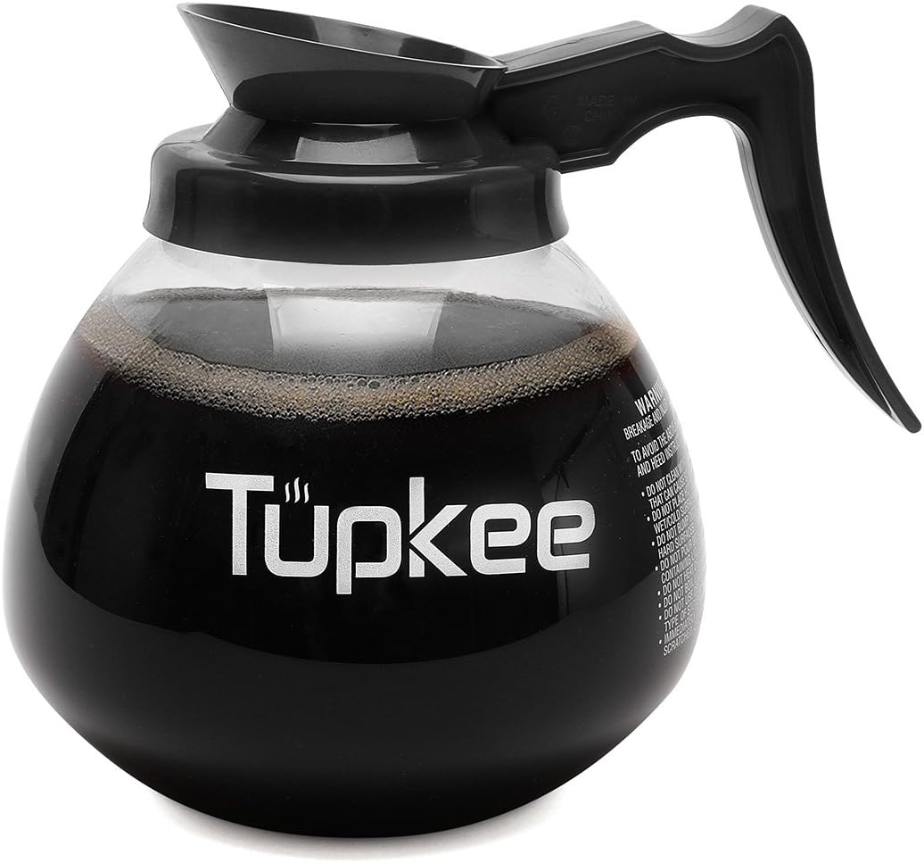 Tupkee Commercial Coffee Pot Replacement - SHATTER-RESISTANT Restaurant Glass Decanter Carafe - 64 oz 12 Cup, Black Handle / Regular,