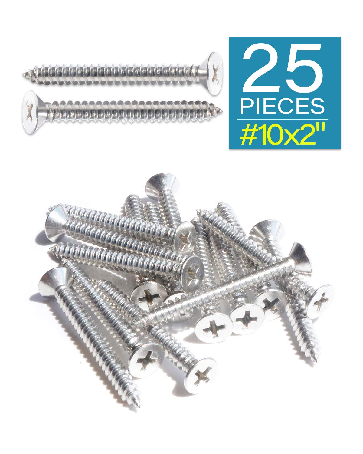 Generic 25pcs #10 x 2" (50mm) Stainless Flat Head Phillips Wood Screws 18-8 (304) Stainless Steel Countersunk Self Tapping Screws