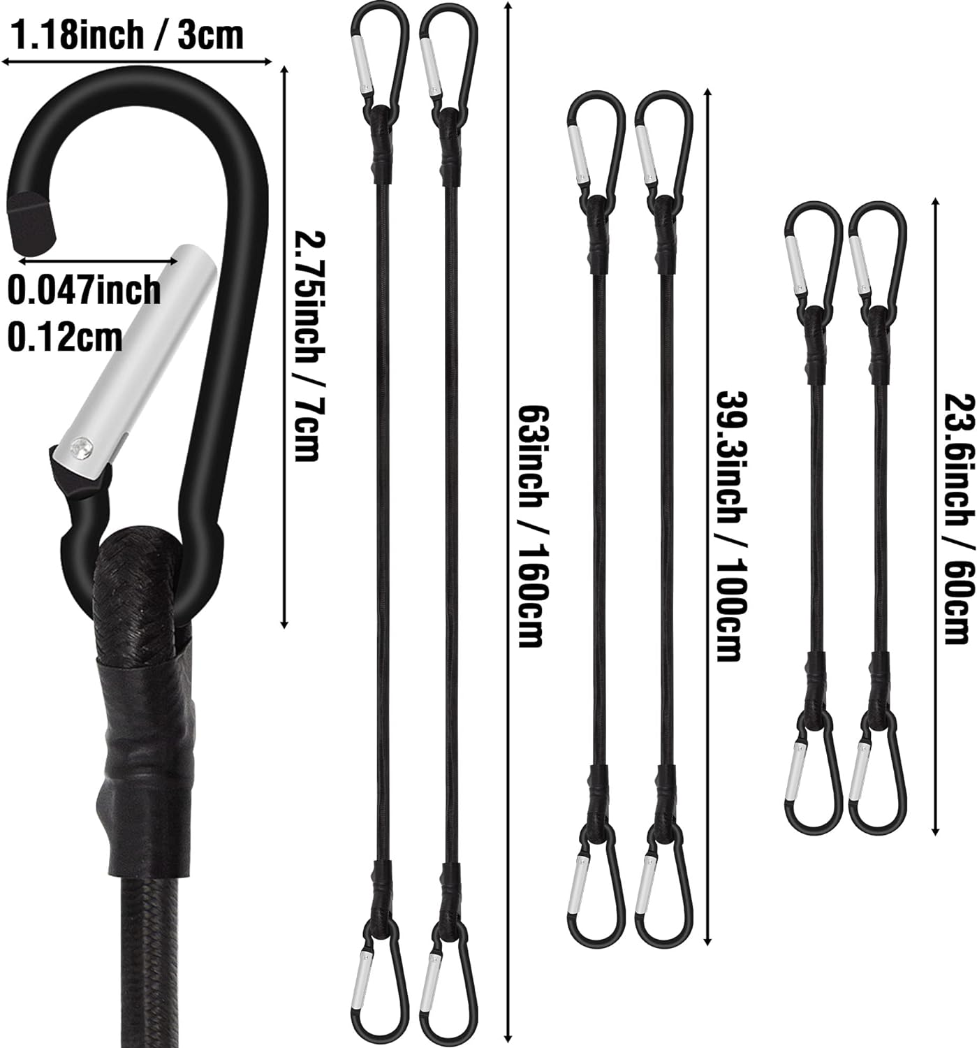 Rugtol Bungee Cords with Carabiner, 6 Pack Long Heavy Duty Carabiner Bungee Cord Assorted Size 24" 40" 60", Extra Stron
