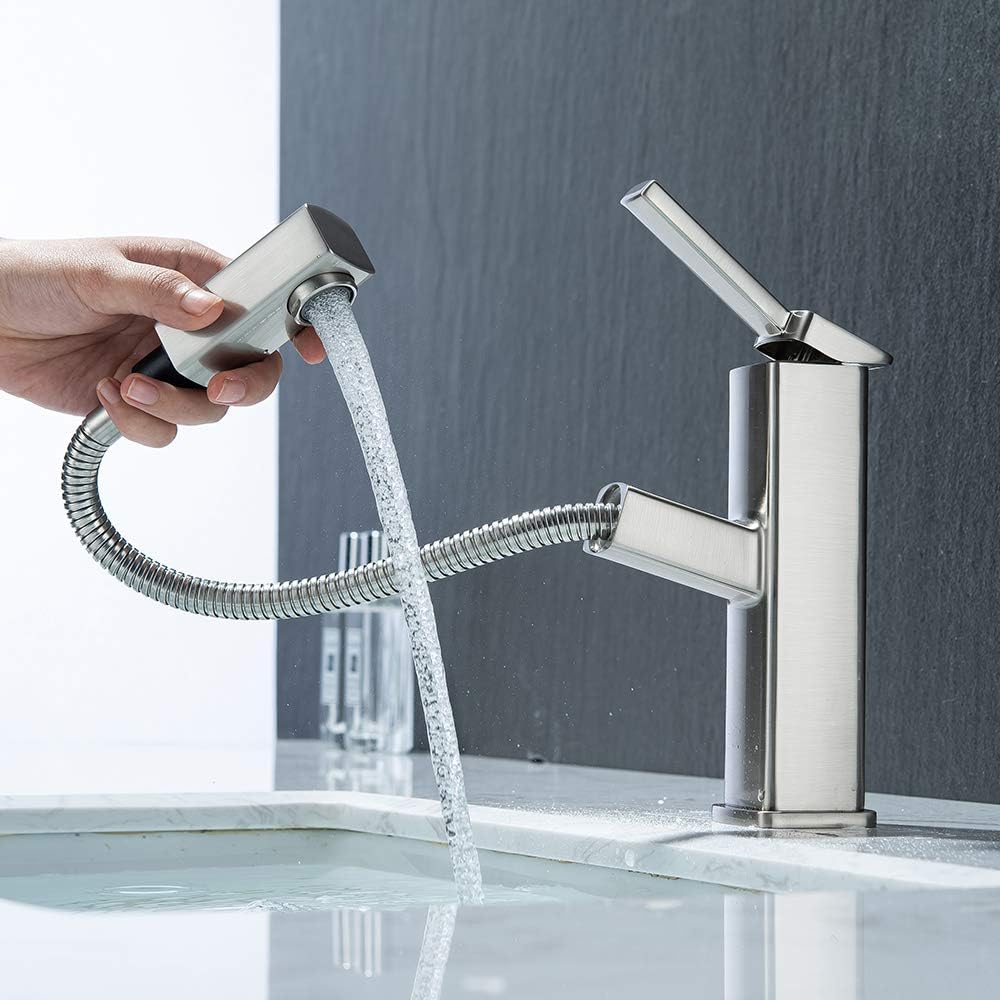 KAIYING Bathroom Sink Faucet with Pull Out Sprayer, Single Hole Utility Bar Sink Faucet, Lavatory Pull Down RV Sink Faucets with Rotati