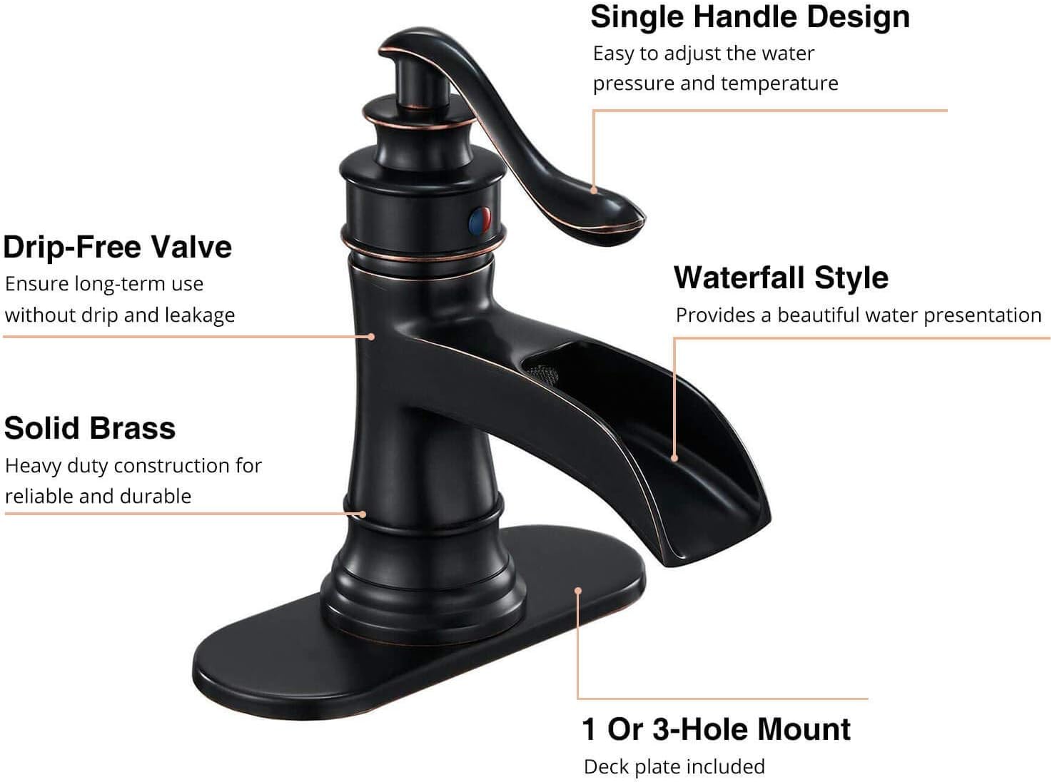 Homevacious Waterfall Bathroom Faucet Oil Rubbed Bronze Sink with Pop Up Drain Stopper Faucets Single Hole Rustic Vanity Farmhouse Overflow