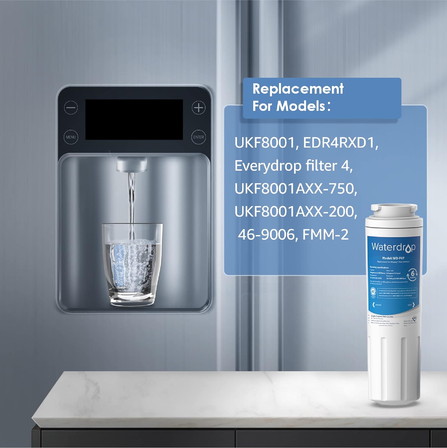 Waterdrop UKF8001 Refrigerator Water Filter 4, Compatible with Whirlpool EDR4RXD1, EveryDrop Filter 4, Maytag UKF8001AXX-750, UKF8001AXX-