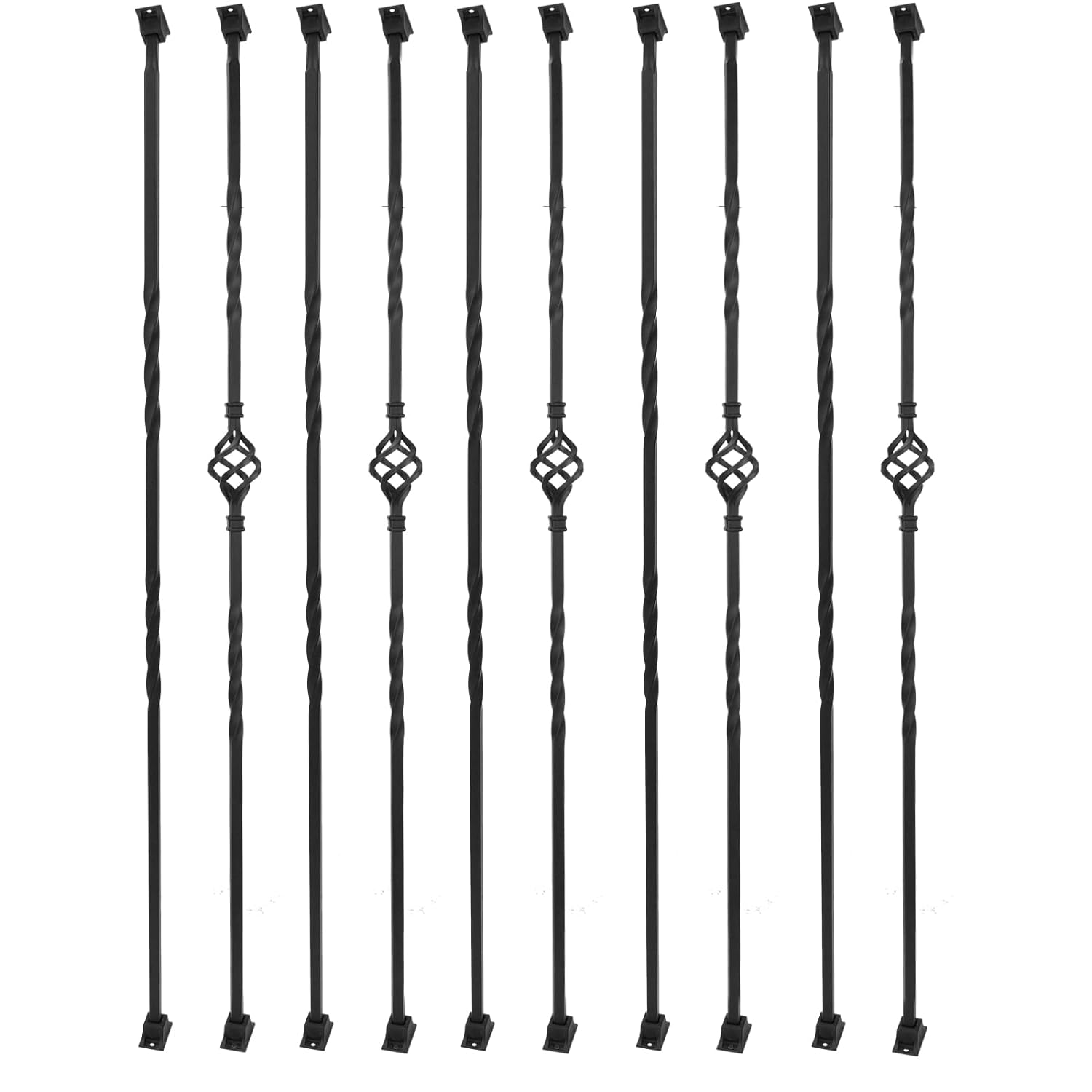 Generic Sidasu Wrought Iron Balusters Stair Spindles Set of 10 Hollow Single Basket Black Iron Spindles Double Twist 1/2" Square M