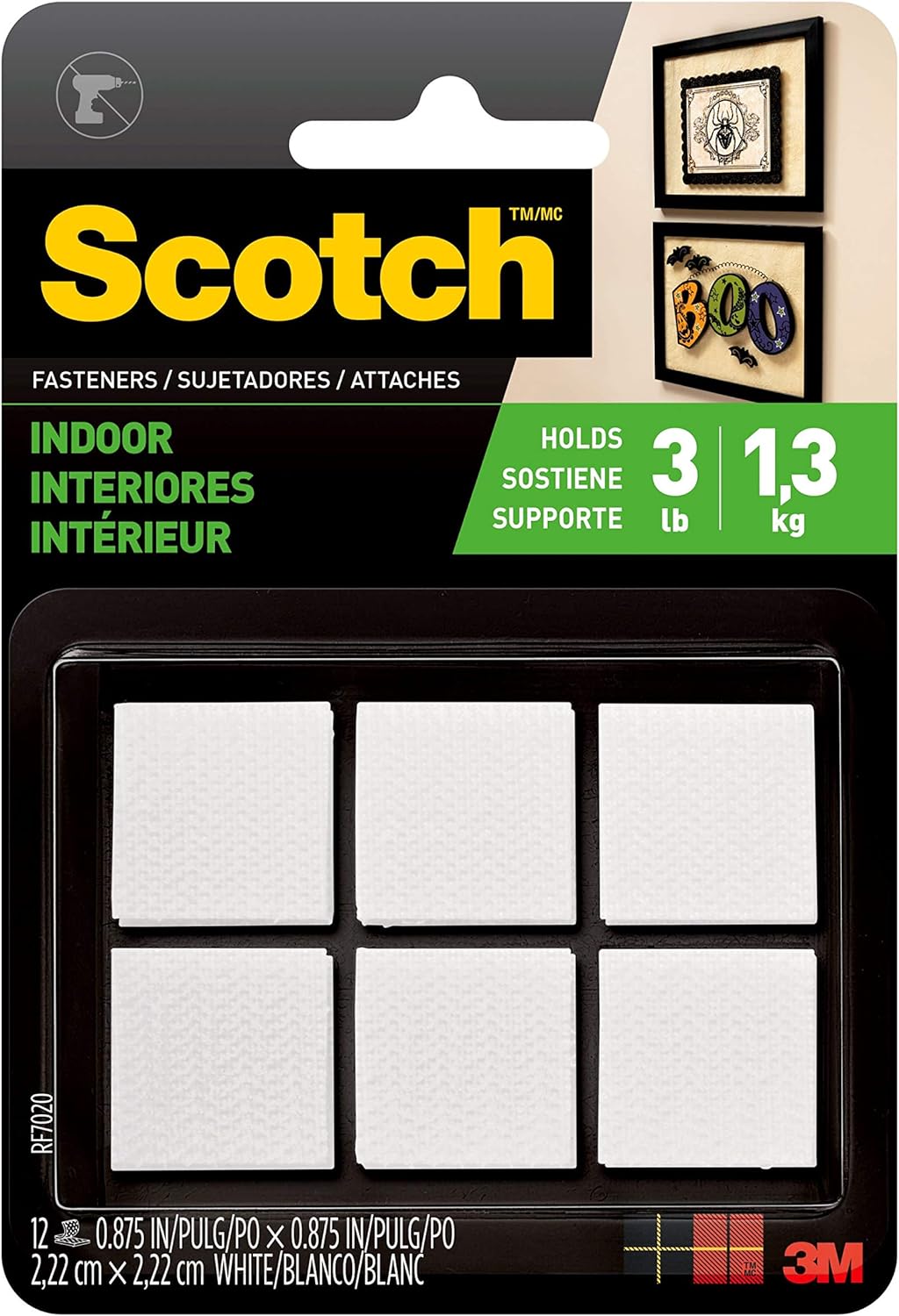 3M Scotch Multi-Purpose Hook and Loop Fasteners, For Indoor Use, White, 7/8 in, 12-Pair, 24-Squares