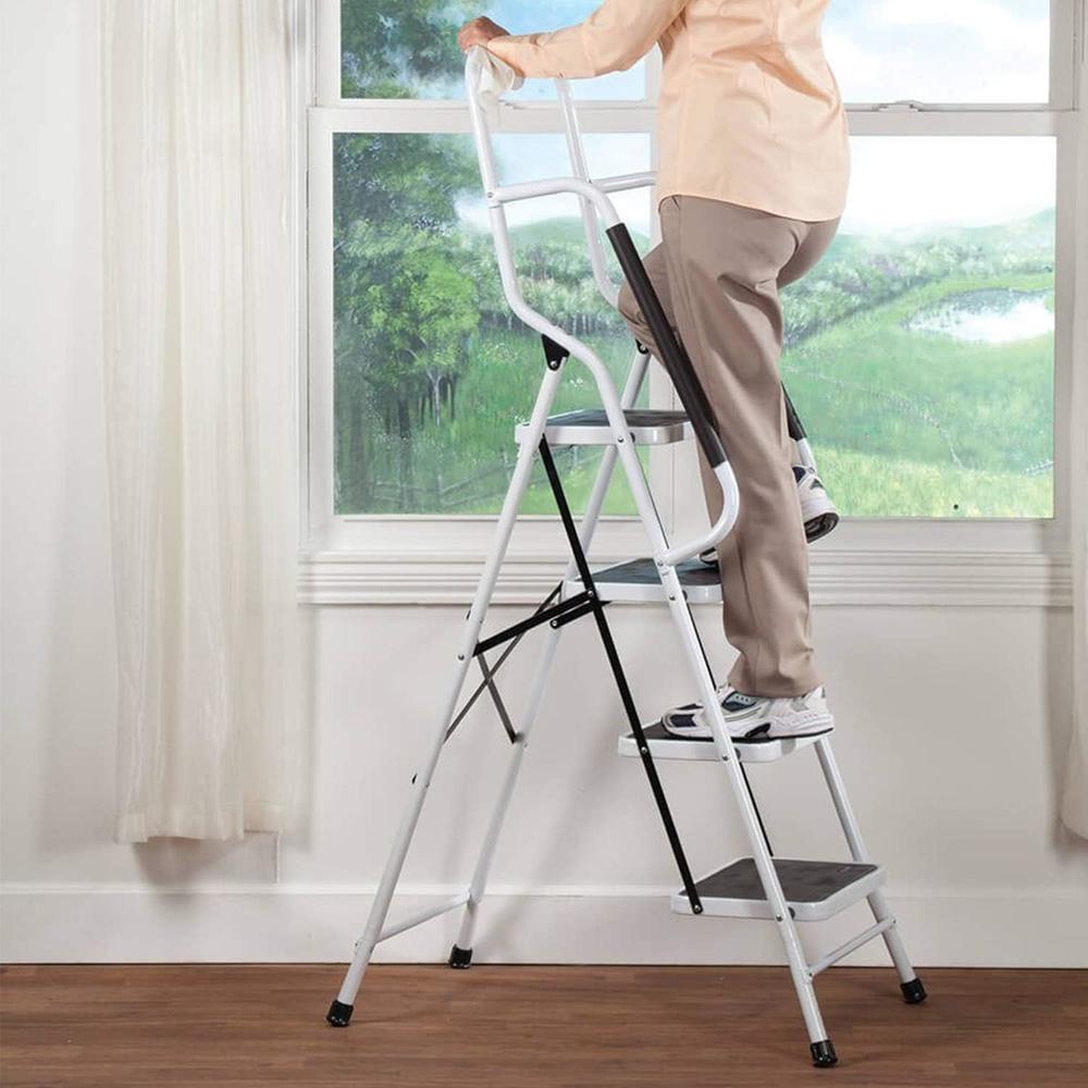 USINSO 4 Step Ladder Tool Ladder Folding Portable Steel Frame MAX 500 lbs Non-Slip Side armrests Large Area Pedals Detachable ToolBag