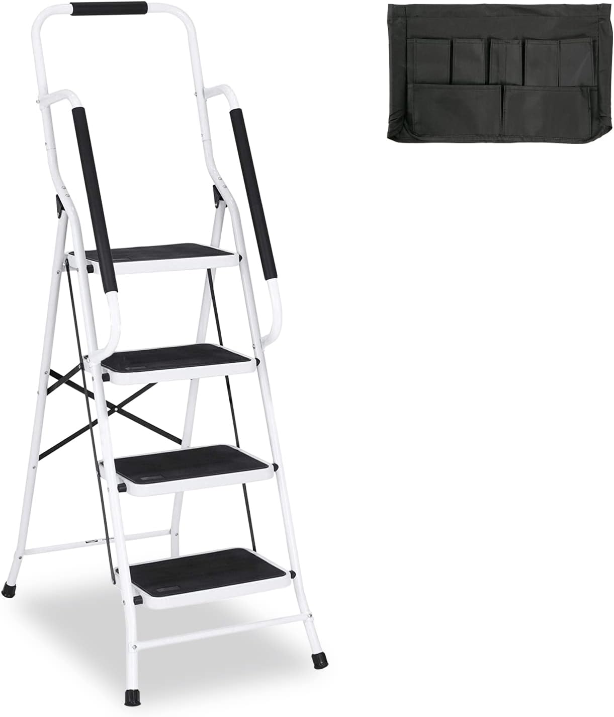 USINSO 4 Step Ladder Tool Ladder Folding Portable Steel Frame MAX 500 lbs Non-Slip Side armrests Large Area Pedals Detachable ToolBag