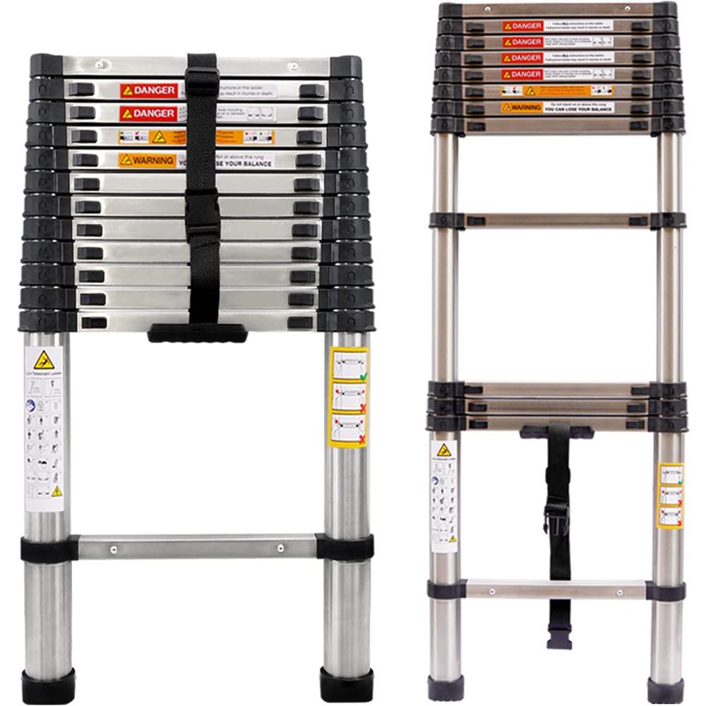 DICN Newest Stainless Steel Telescoping Ladder 12.5FT Heavy Duty Telescopic Extension Ladder Portable Collapsible Ladder 330lb Max L