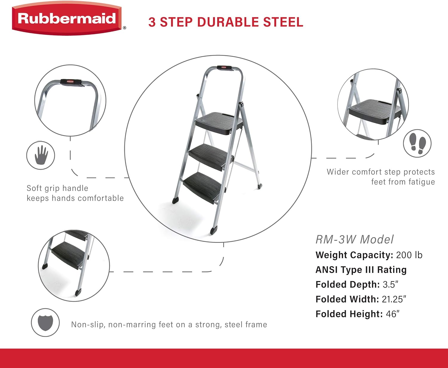 Rubbermaid RM-3W 3-Step Stool Ladder, Silver