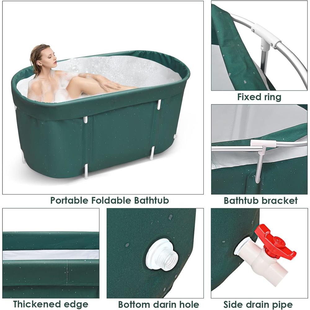 LIVOSA Portable Bathtub, Foldable Tub for Adults, Bath Tub with Backrest Suitable for Ice or Hot Bath, dark green.