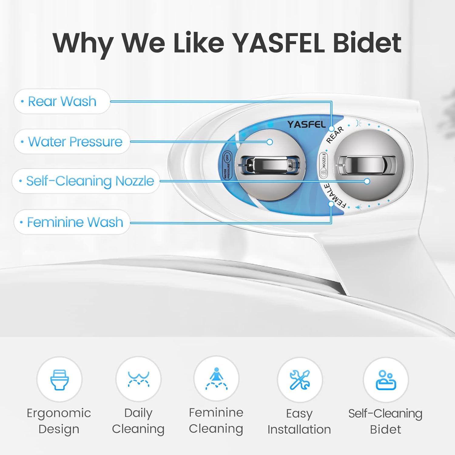 YASFEL Bidet Attachment for Toilet, Non-Electric Self-Cleaning Bidet Seat Attachment, Fresh Cold Bidet Attachment for Feminine/Posteri