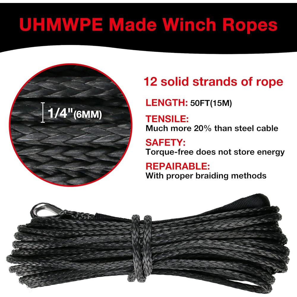 WROUGH 1/4" Synthetic Winch Rope 50 Ft Black Heavy Duty 8500 lb ATV Winch Rope Line with Steel Hook Rubber Stopper Protecting Sle