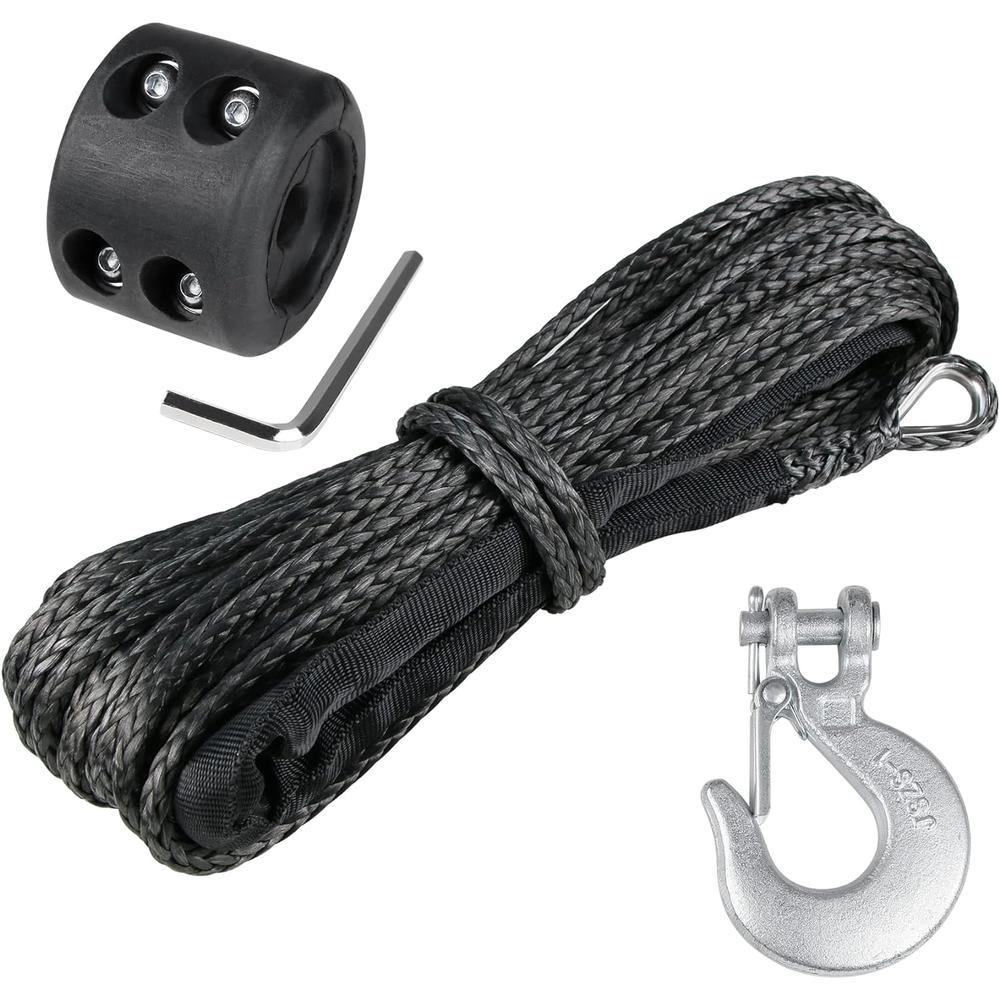 WROUGH 1/4" Synthetic Winch Rope 50 Ft Black Heavy Duty 8500 lb ATV Winch Rope Line with Steel Hook Rubber Stopper Protecting Sle