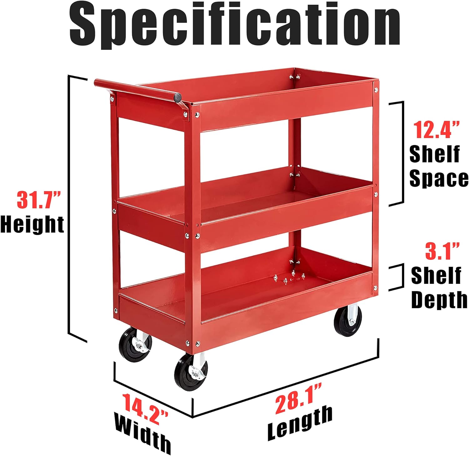 TORIN Service Utility Cart Heavy Duty 3 Shelf Tier 400 LBs Rolling Trolley Storage Organizer for Garage Warehouse Workshop, APTC302B